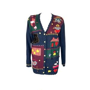 Karen Scott vintage hand embroidered navy Christmas cotton/ramie cardigan size s